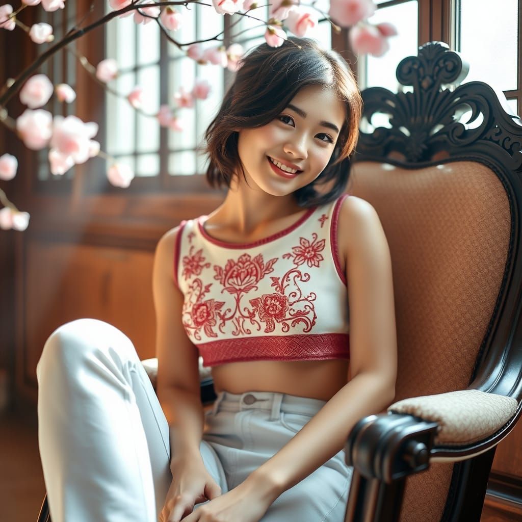 Pretty Japanese Woman in Embroidered Top, Cherry Blossoms