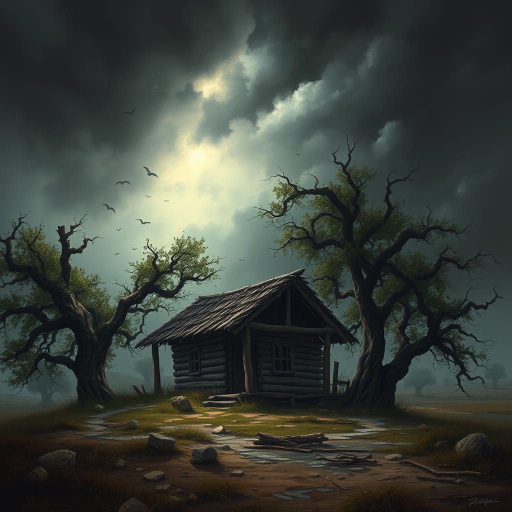 Stormy Landscape Hut in Cinematic Matte Painting Style