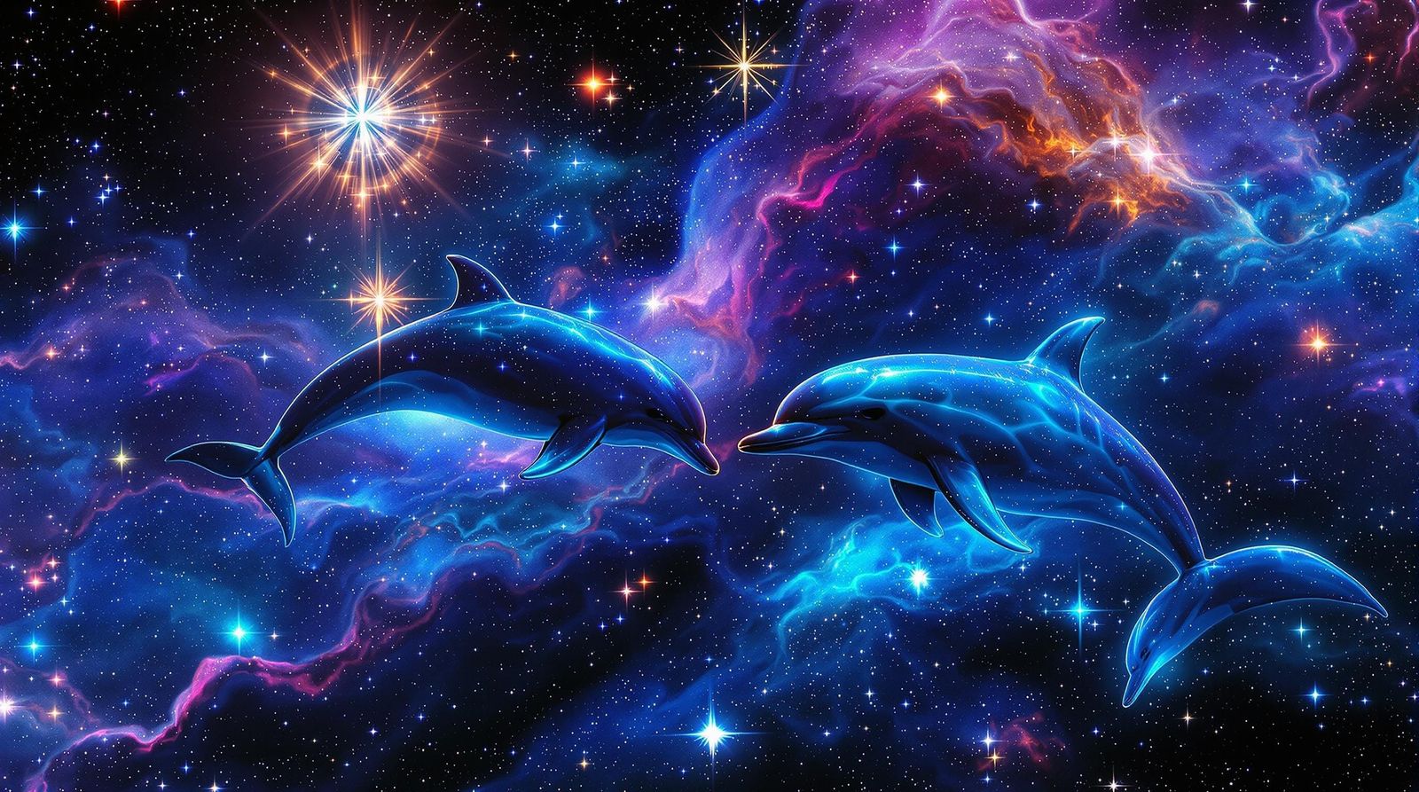 Surreal Cosmic Dolphins in a Vibrant Starry Expanse