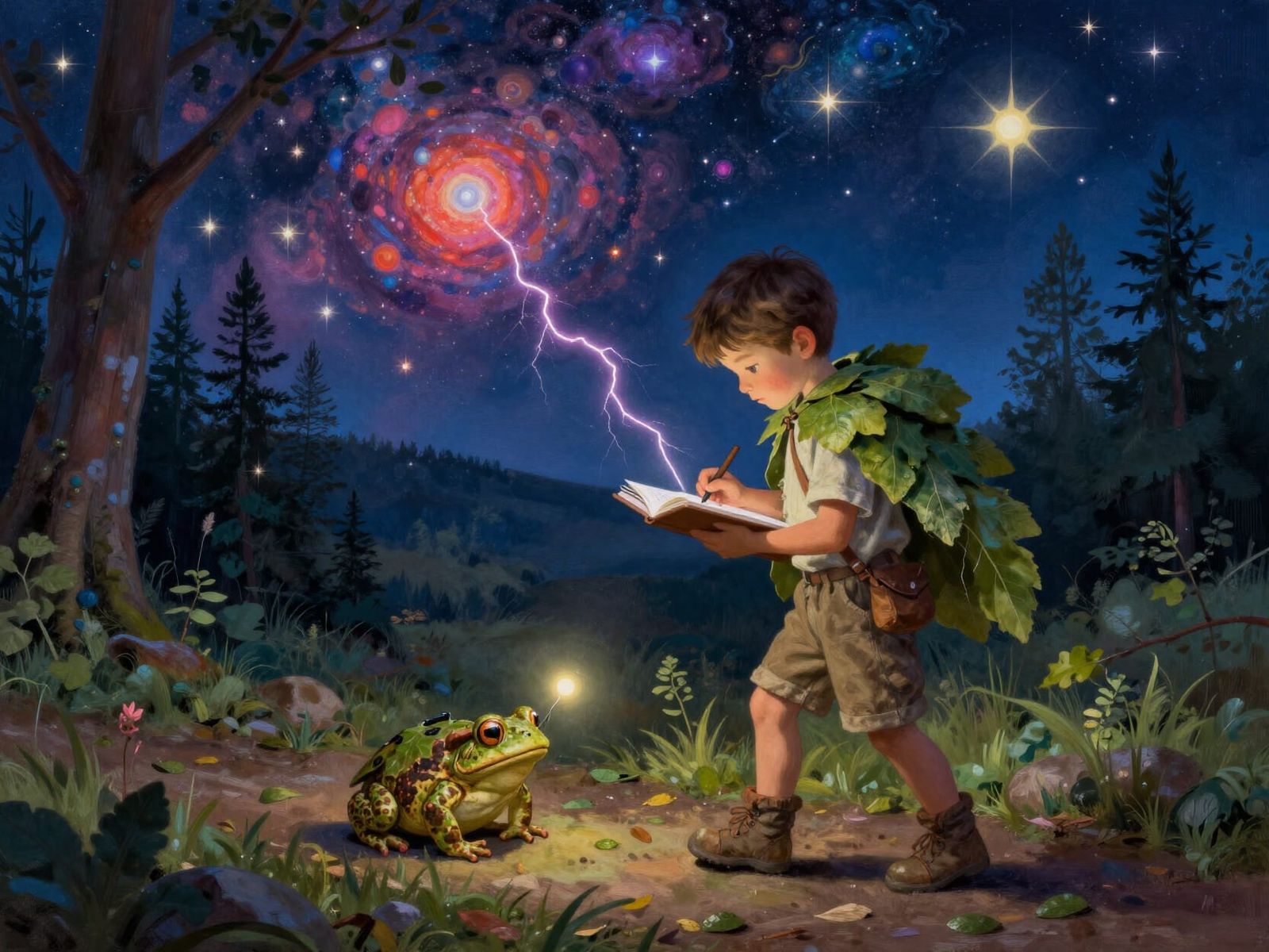 Boy and Toad Hike Under Starry Night Sky