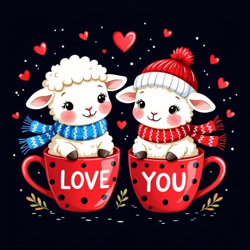 Cute Lambs in Mugs, Watercolor-Style Illustration