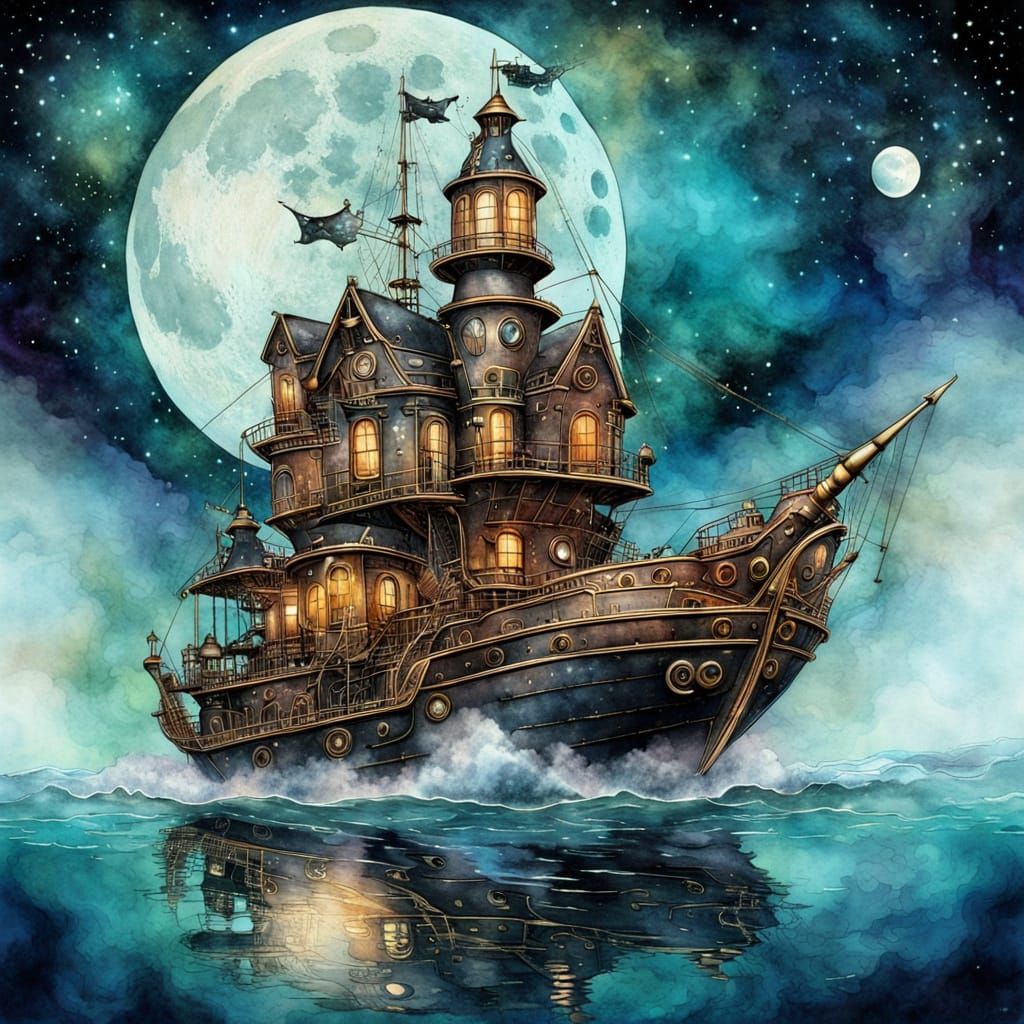 Victorian Steampunk Houseboat in Watercolor Style