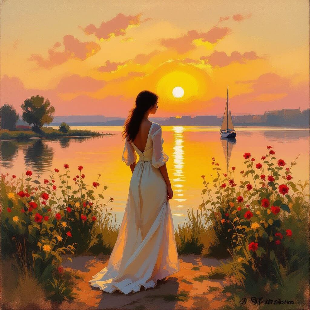 Serene Woman in Vibrant Atmosphere, Impressionist Style