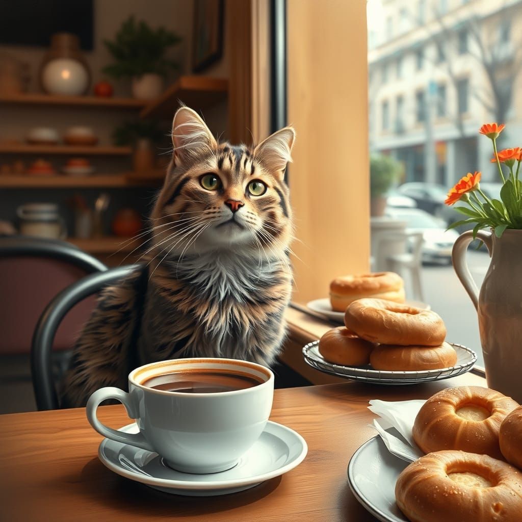 Cat in Cafe with Coffee and Pastries