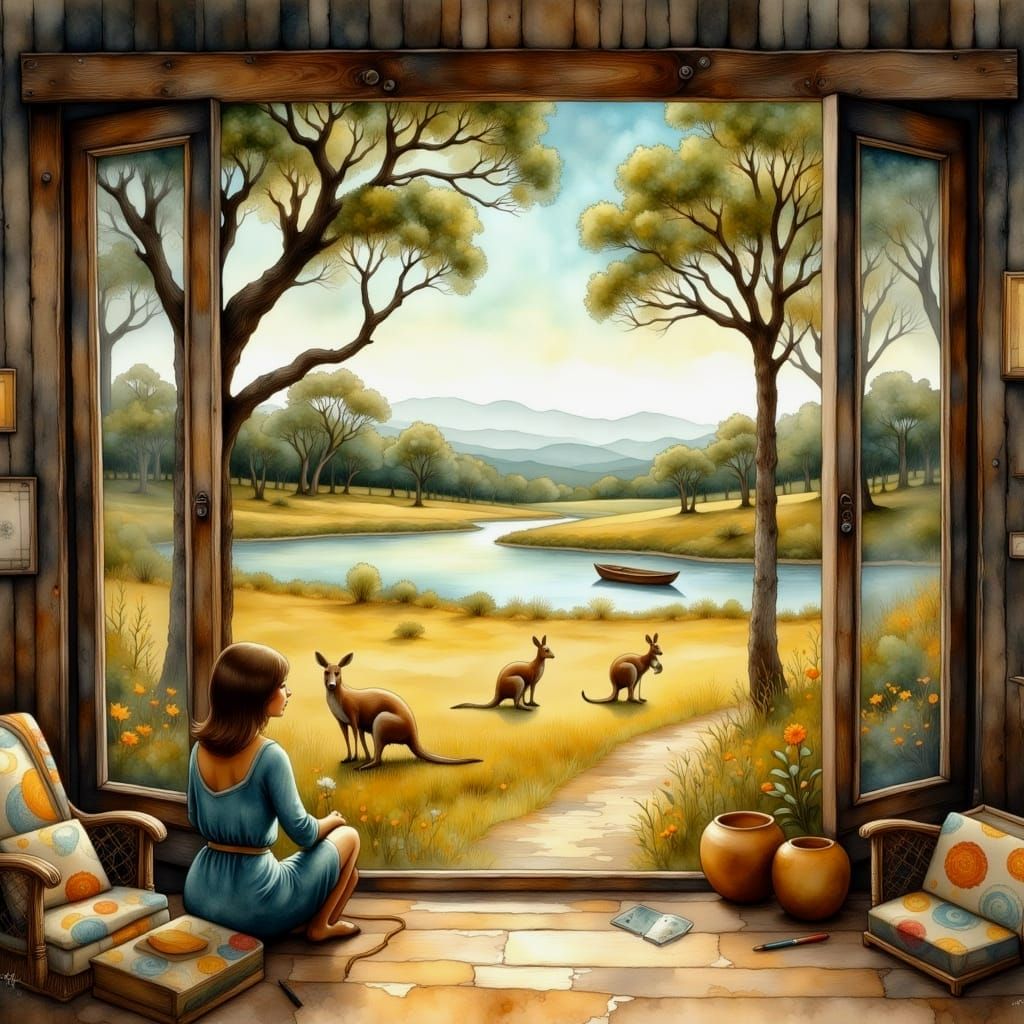 Australian Countryside Scene with Grazing Kangaroos at Golde...