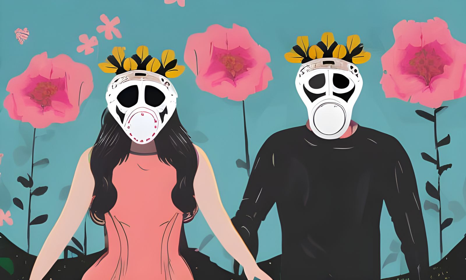 Couple in Gas Masks Holding Hands in Field