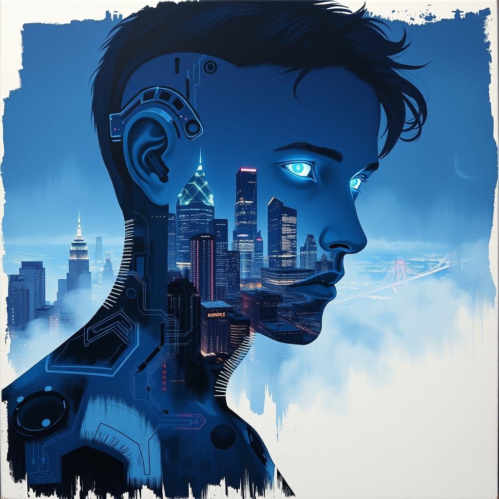 Cybernetic Form Emerges from Neon-Lit Cityscape in Impasto P...