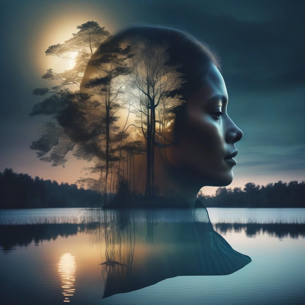 Translucent Woman Rising from Lake in Double Exposure