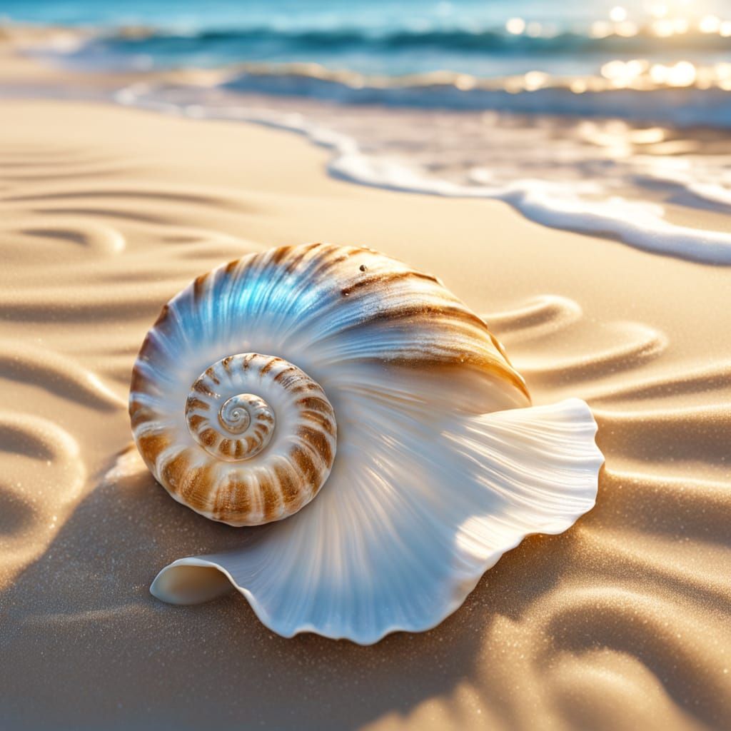 Spiral Seashell on Golden Sandy Beach in Surreal Oceanic Sce...