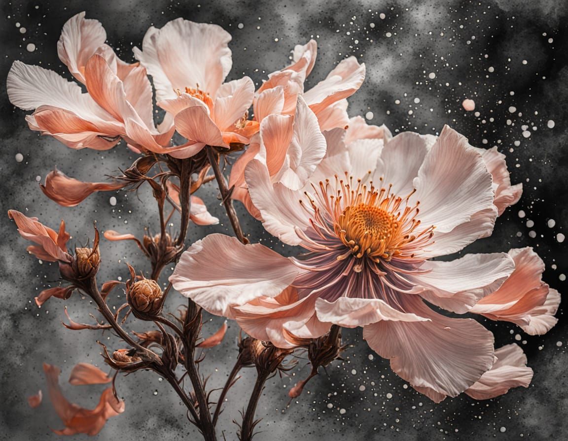 Hazy Peach Flower Blossoms with Silver Accents