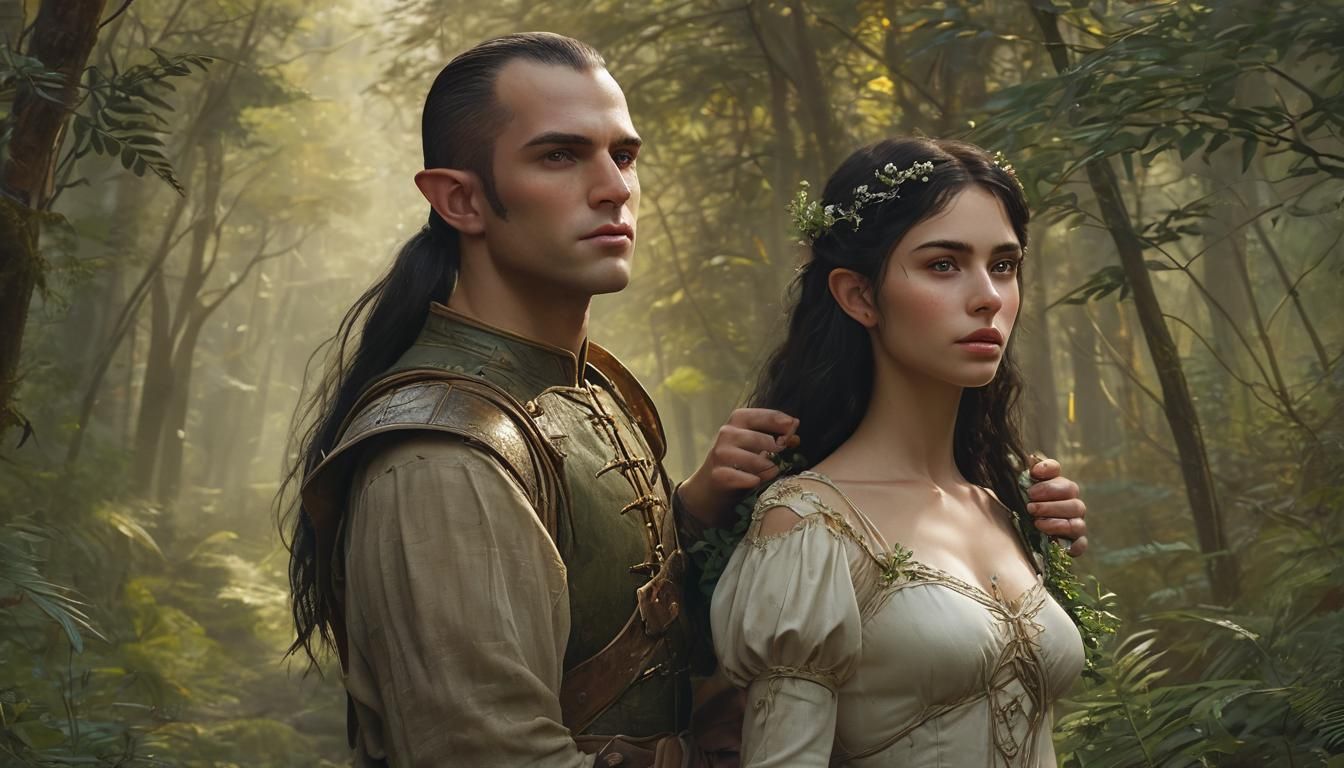 Elf Girl and Warrior Stroll Through Enchanted Forest
