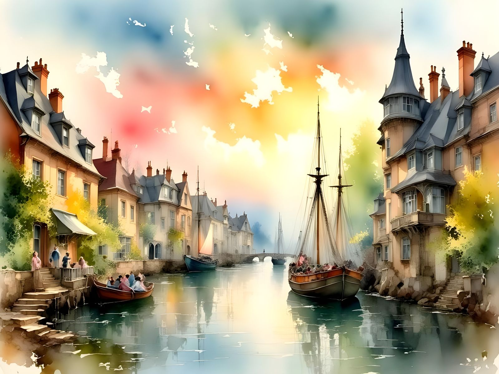 Surreal Watercolour Scene of Bustling Old English Harbour