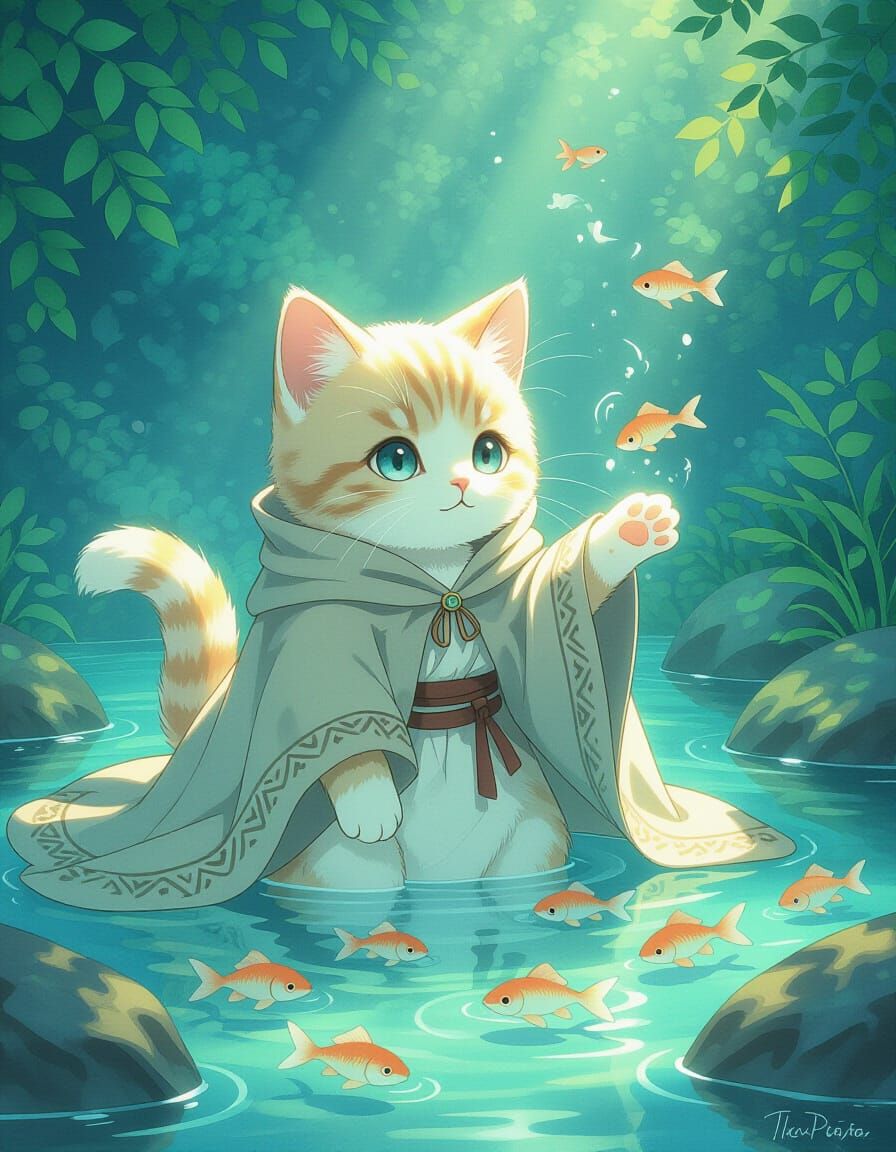 Dreamy Anime Kitten Sorceress with Glowing Paw