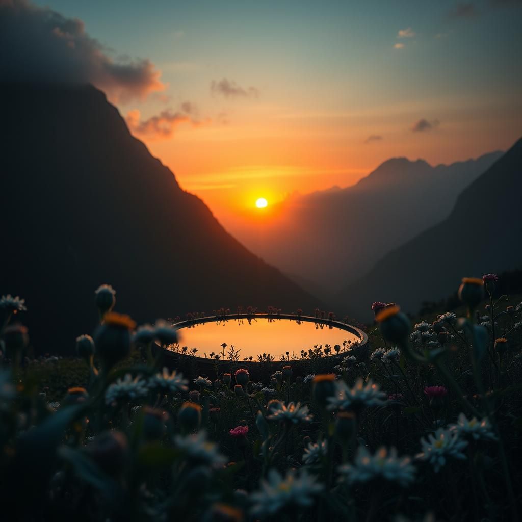 Hyperrealistic Sunset Reflecting in Mountain Mirror