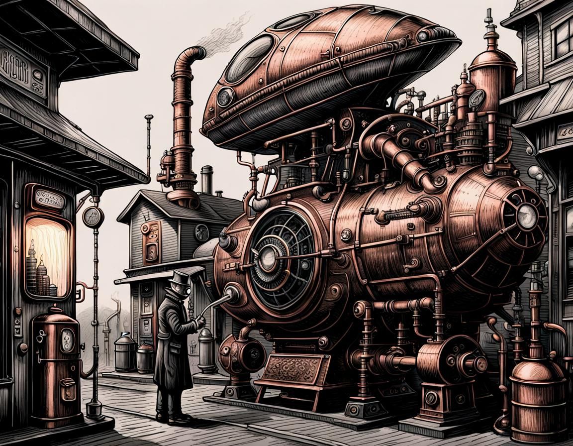 Steampunk Alien Gas Station in Pen and Ink