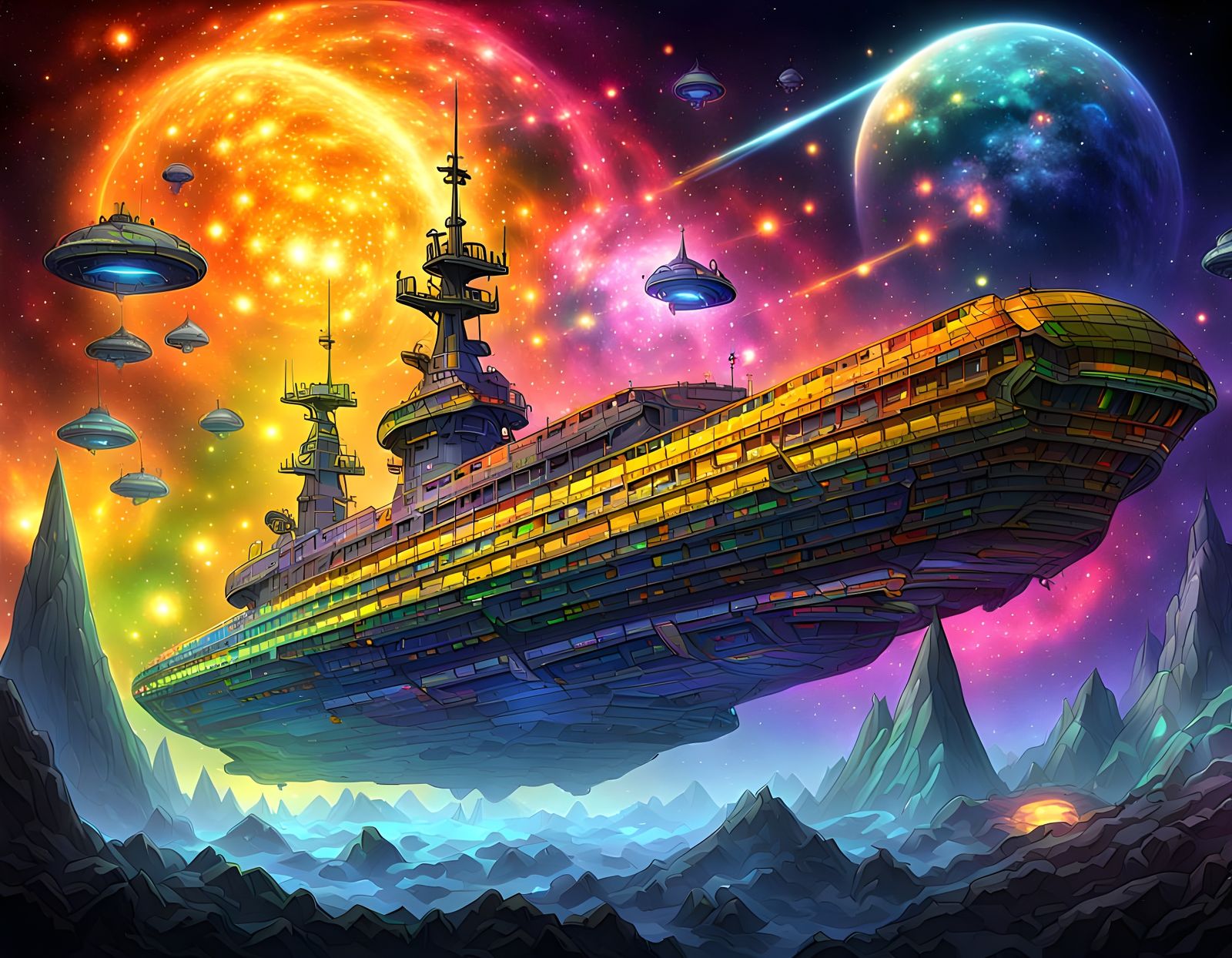 Alien battleship colorful detailed effulgent fiery galaxy huge iridescent journey kingly lustrous massive noctilucent ot...