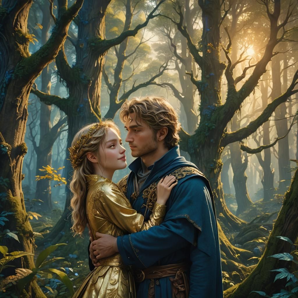 Lovers Embrace in a Vibrant Forest: Digital Matte Painting