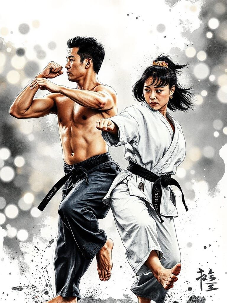 Dynamic Karate Poses in Mixed Media Style