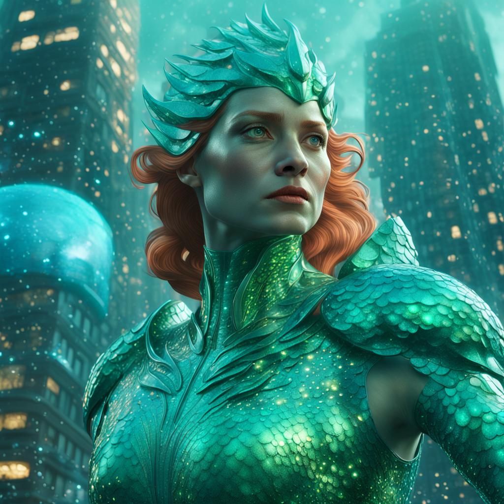 Mera in Underwater Cityscape: Hyper-Realistic Digital Sculpt...