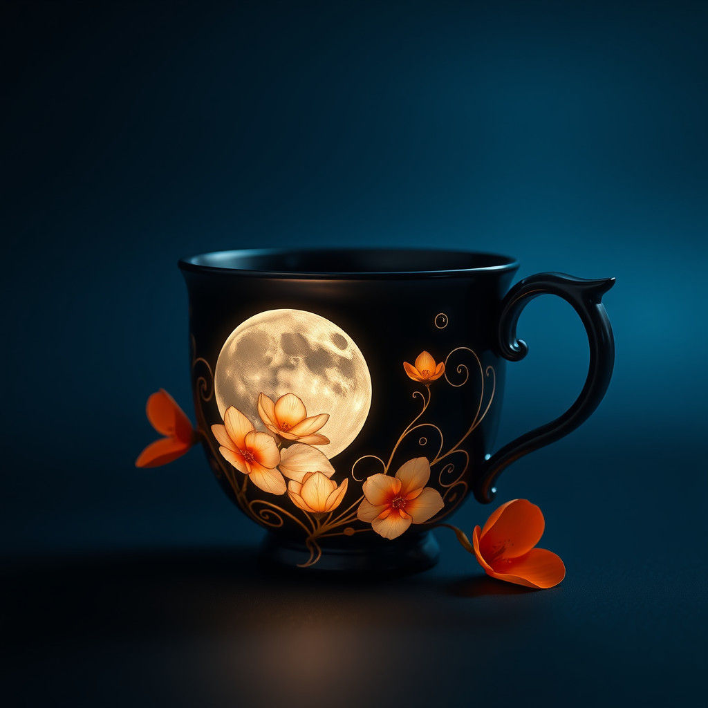 Black Tea Cup with Glowing Moon Flower Design