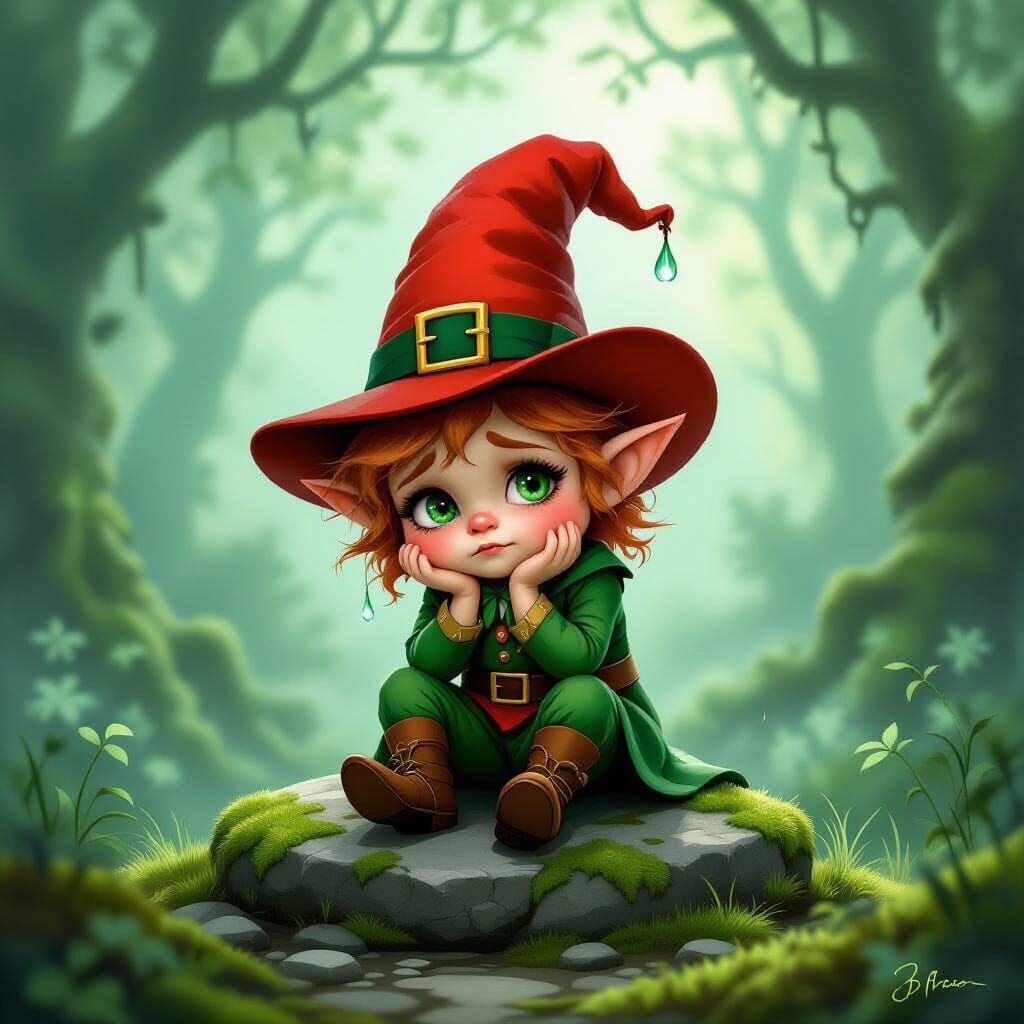 Melancholic Leprechaun Crying in Ancient Forest