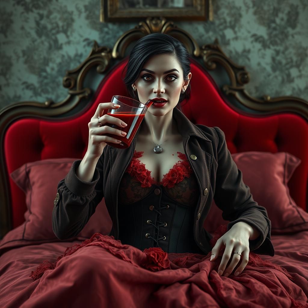 A vampire woman with a blood drink