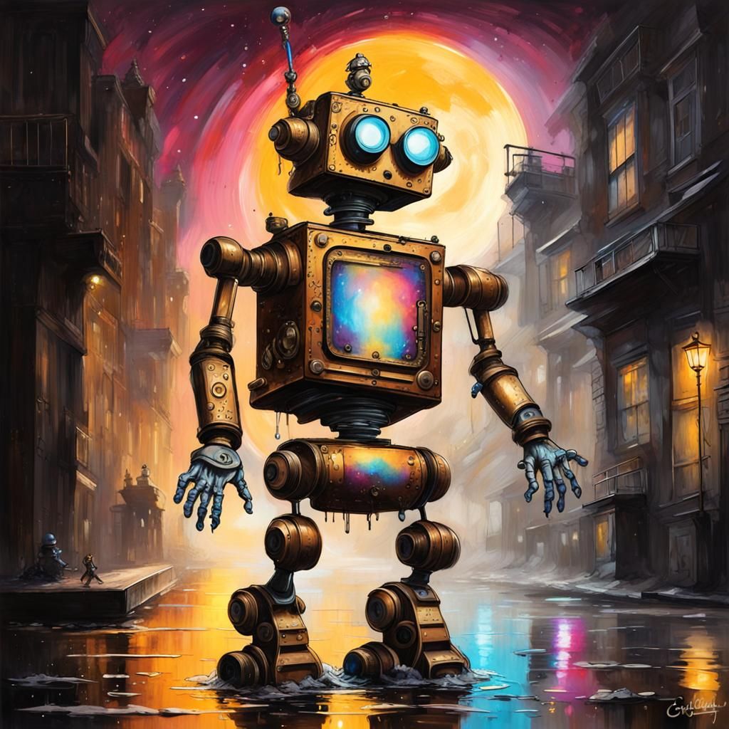 Steampunk Robot Dances in Moonlight: Rembrandt Style