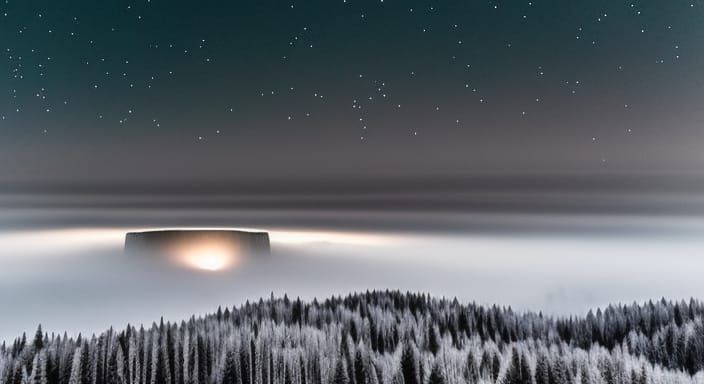 Floating Black Crystal in Foggy Landscape