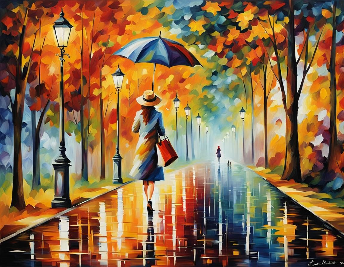 Autumn Street Scene in Afremov Style