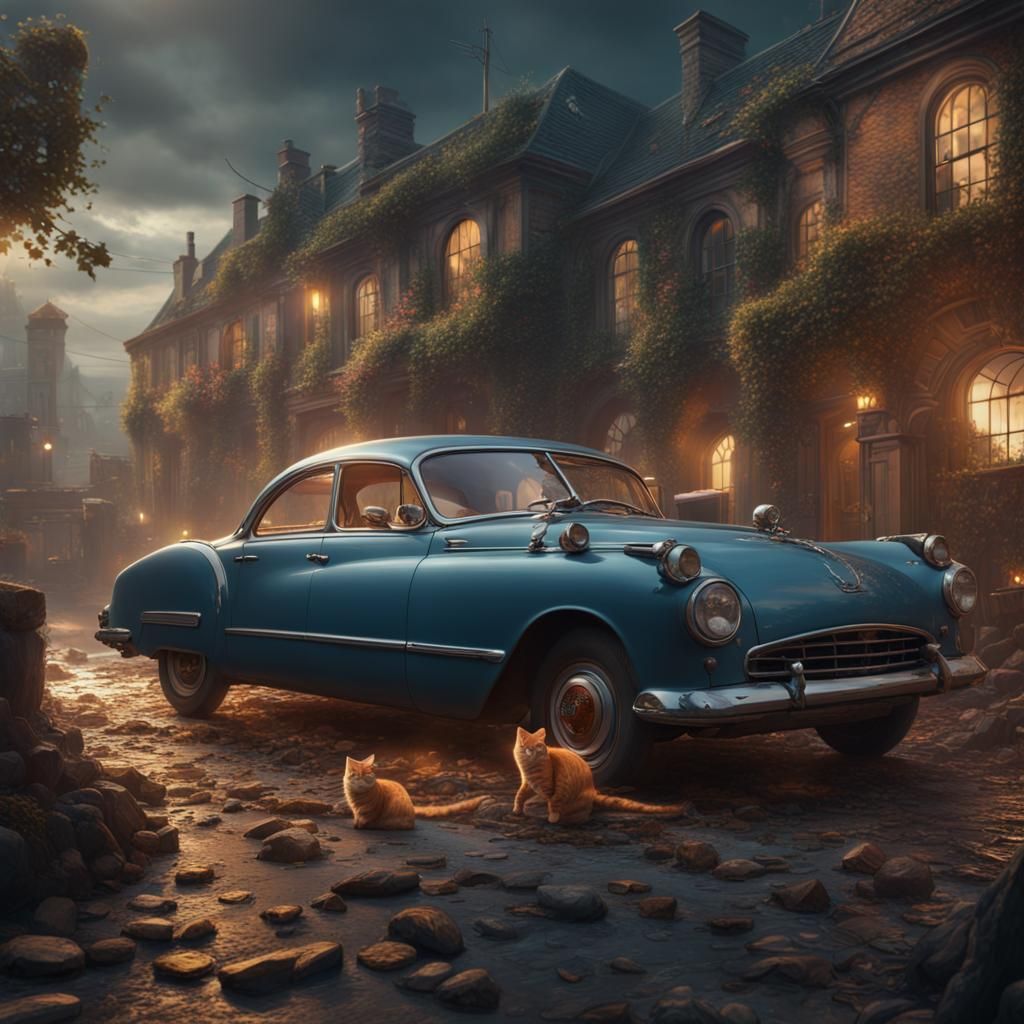 Fantastical Cat Car Thief in Detailed Digital Painting