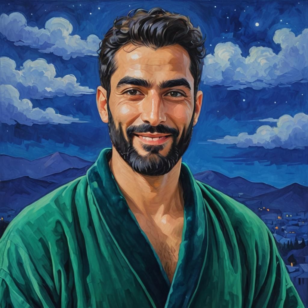 Proud Man in Green Robe: Impressionist Oil Painting