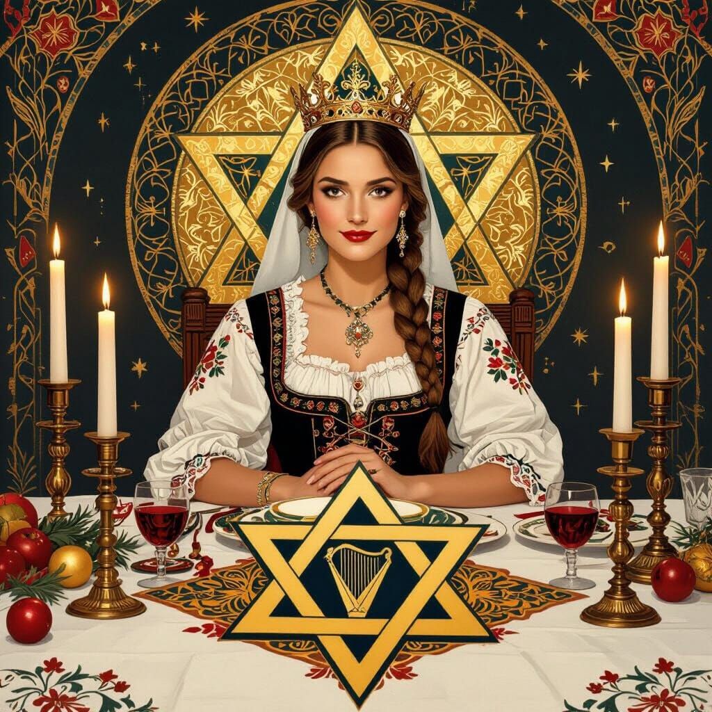 Festive Wigilia Scene with Star of David in Art Nouveau Styl...