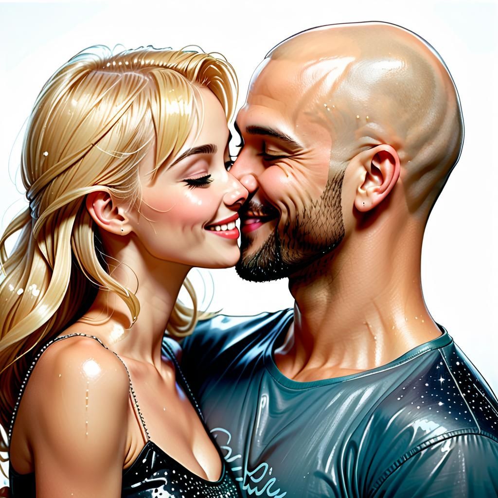 Passionate Kiss: Joyful Woman and Bald Man in City