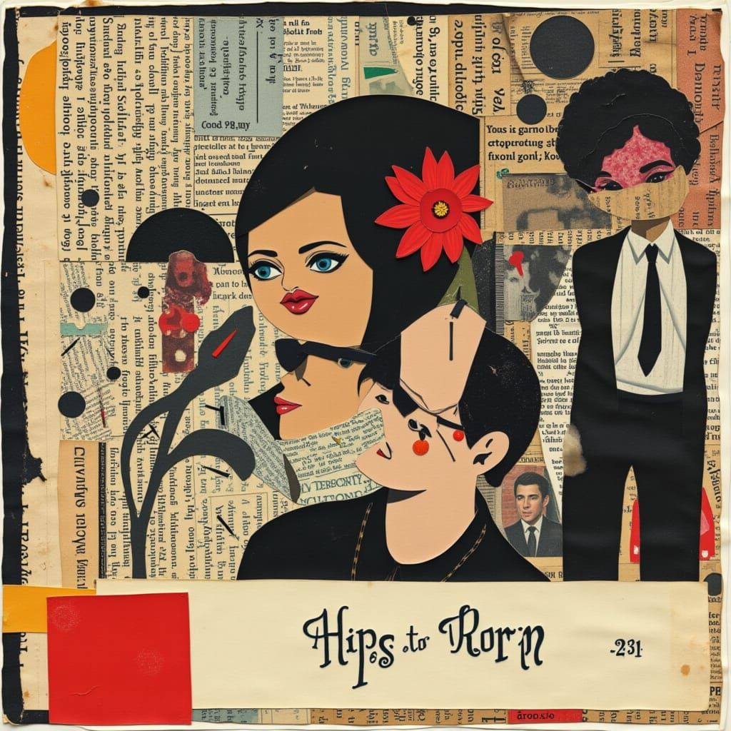 <lora:Inkcut:1.0> Kelly Maker style photo montage. pop art polaroid cut out collage of beautiful Yatagarasu . torch. fla...