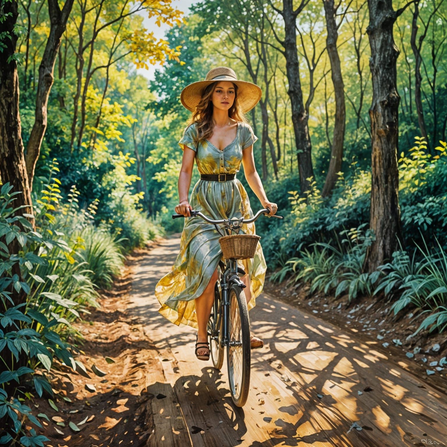 Woman Pedals Towards the Viewer in a Vibrant Impressionist M...