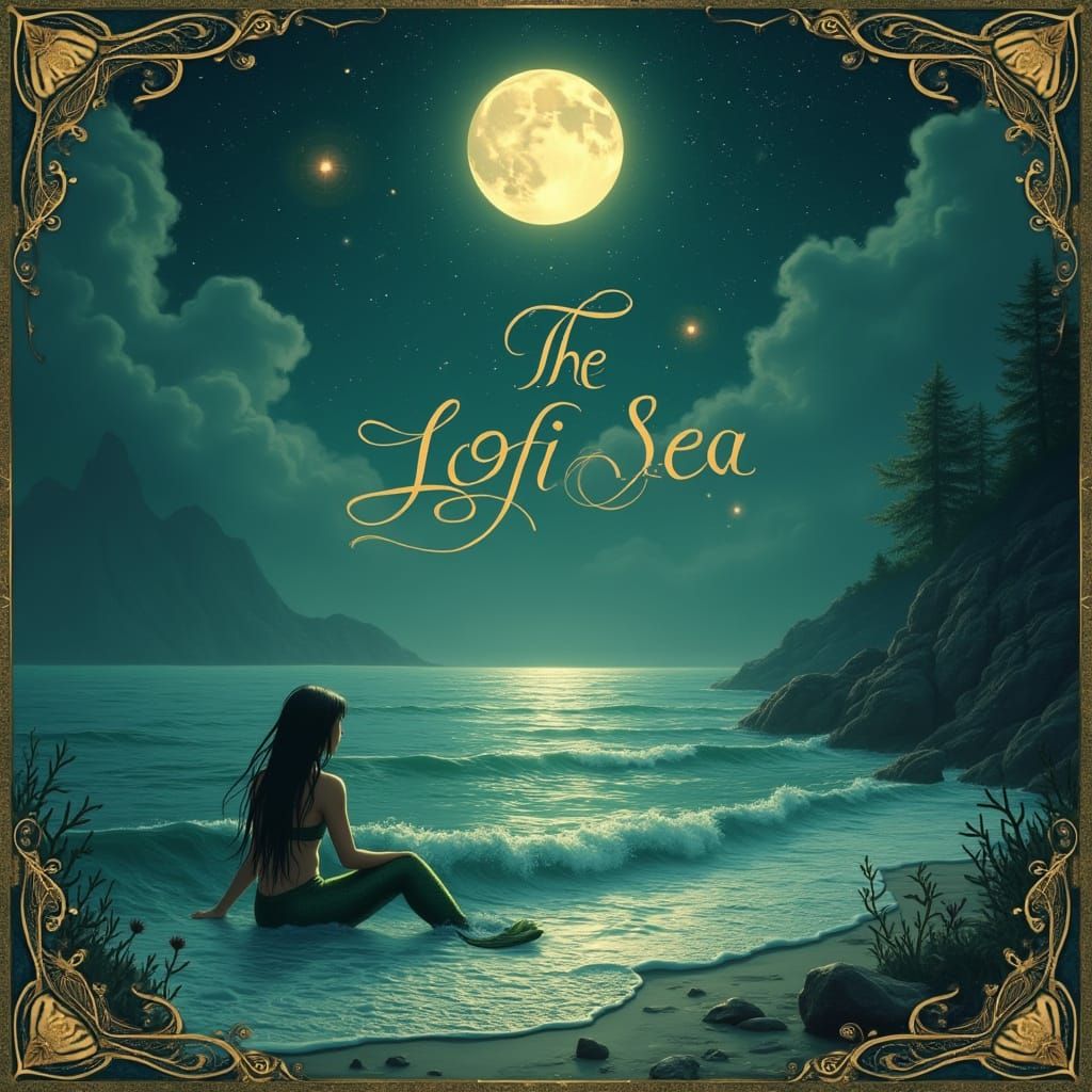 Ethereal Lofi Sea Scene in Delicate Script and Art Nouveau B...
