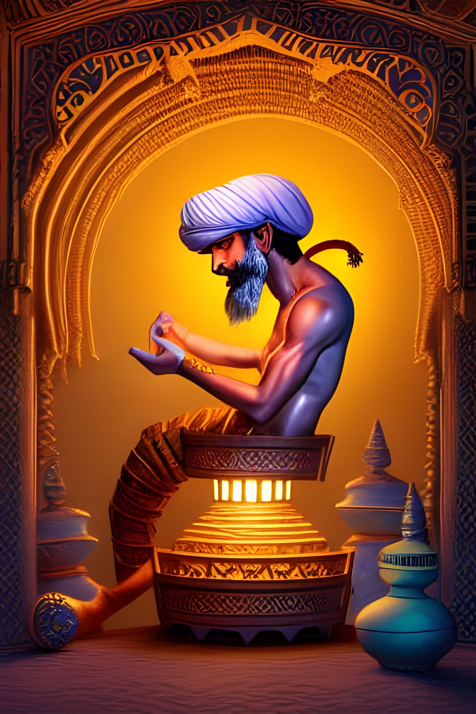 Genie's Shackled Hope in Arabian Lamp: 3D Illustration