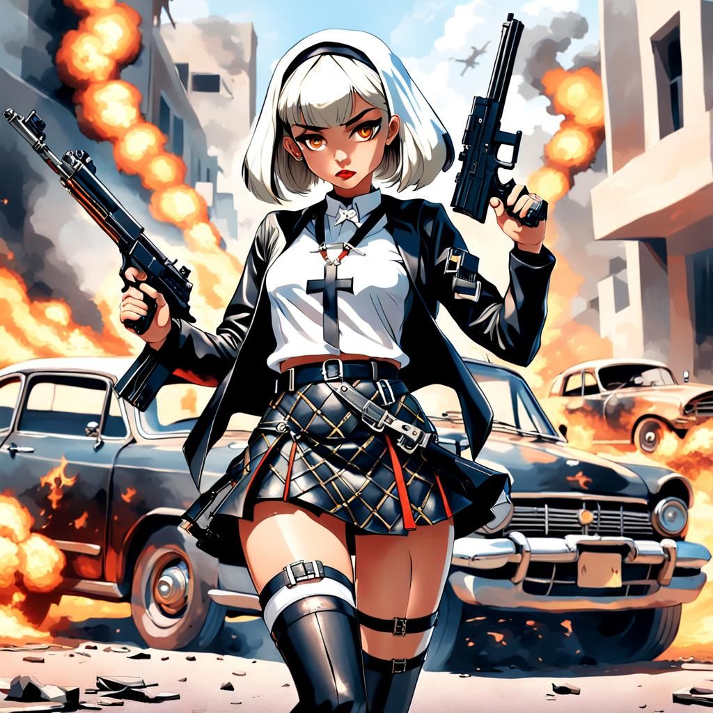 Nun Double Agent Portrait with Fiery Explosion, 3D Anime Art