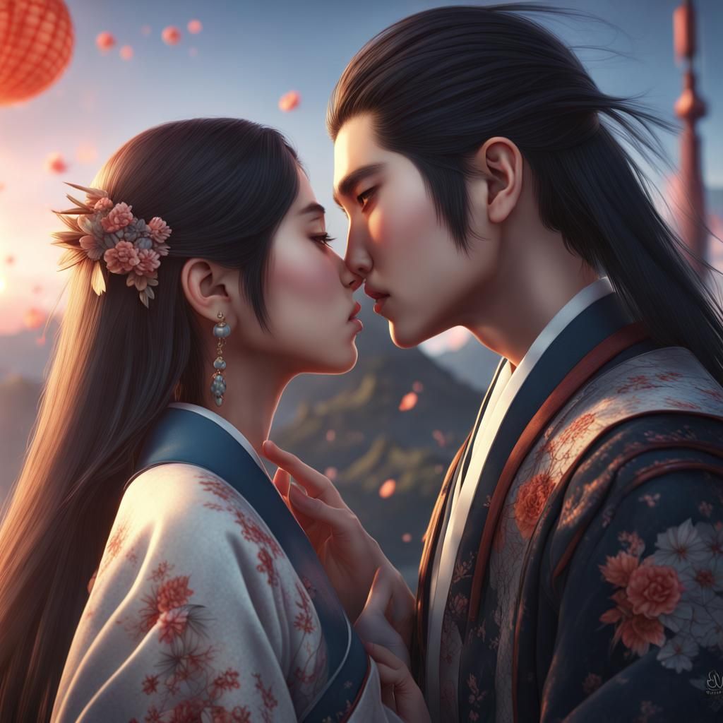 Korean Girl and Japanese Boy Kiss at Sunrise