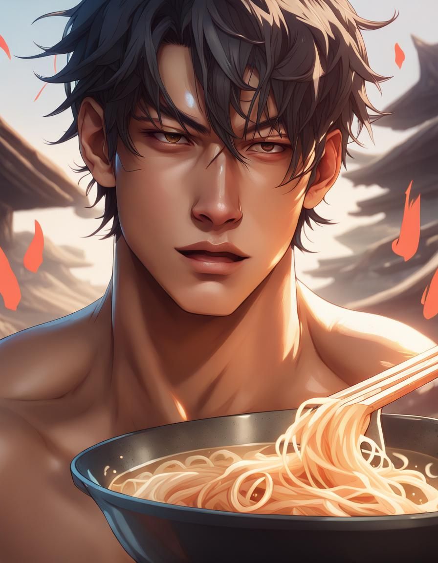 Handsome Man Eating Ramen on a Hot Day
