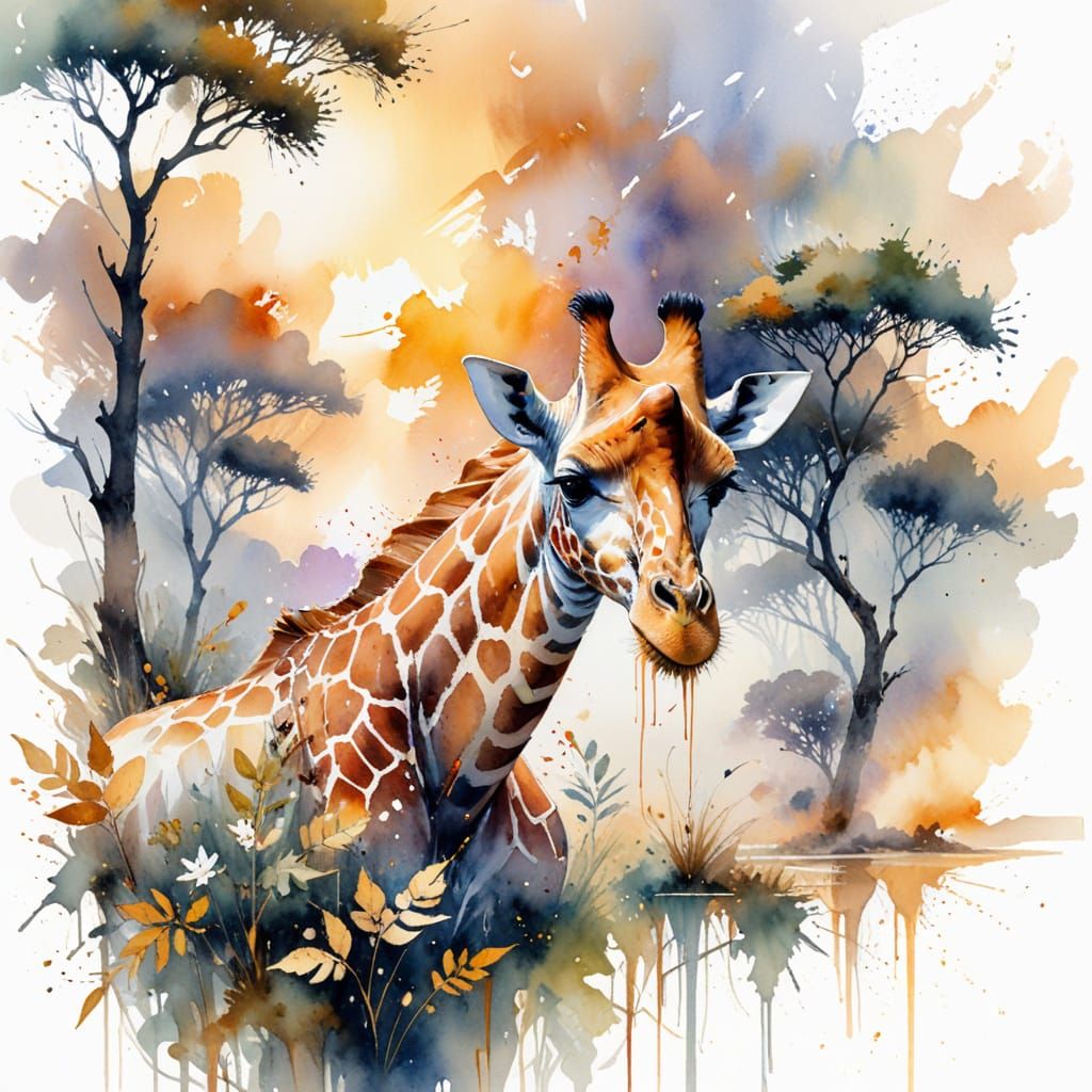 African Giraffe Reaching for Acacia Leaves at Sunrise