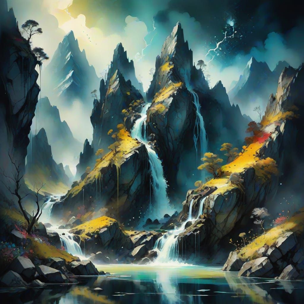 Dreamlike Surrealist Mountain Range in Vibrant Watercolor
