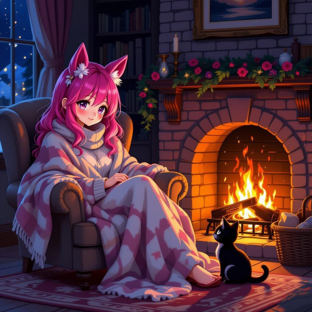 Cozy Anime Night Scene: Pink Haired Woman by Fireplace