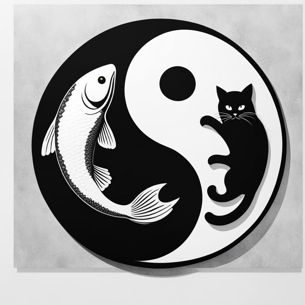 Yin Yang Symbol with Cat and Fish