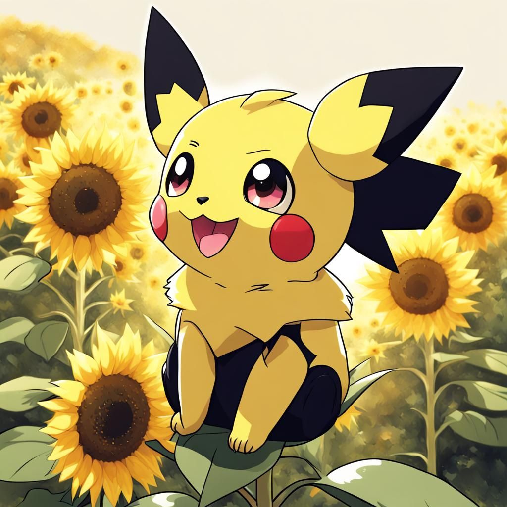 Pichu on Sunflower in Anime Style