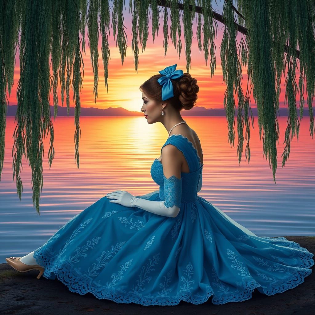 Elegant Lady Under Weeping Willow in Vibrant Blue Gown