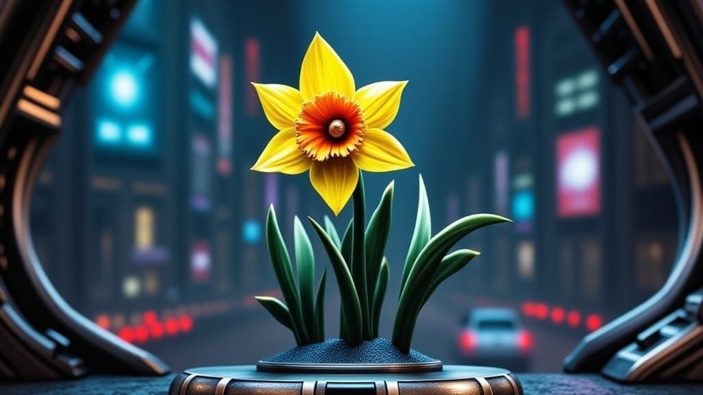 Cybernetic Daffodil in Futuristic Cityscape