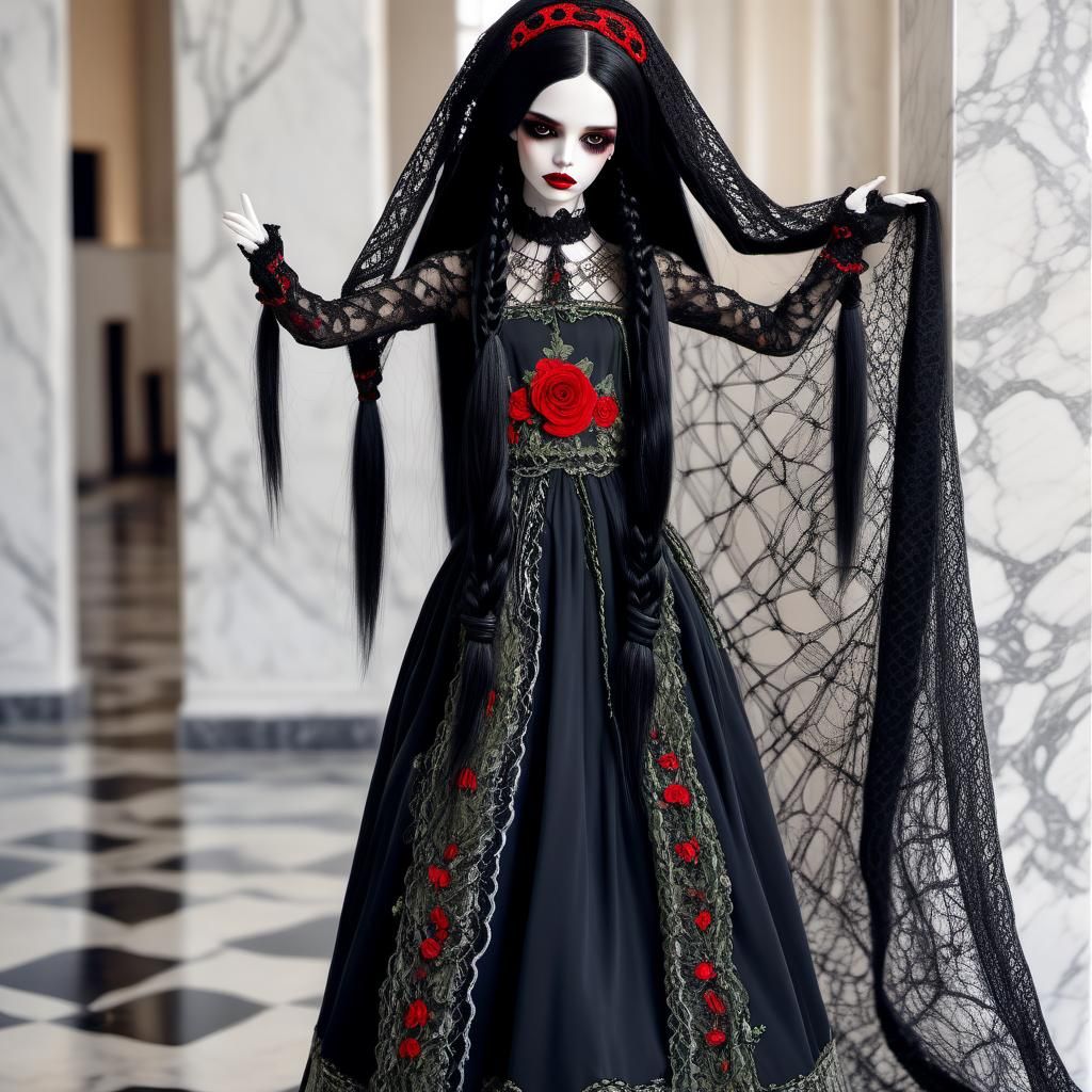 Doll with Black Braids in Surreal Style