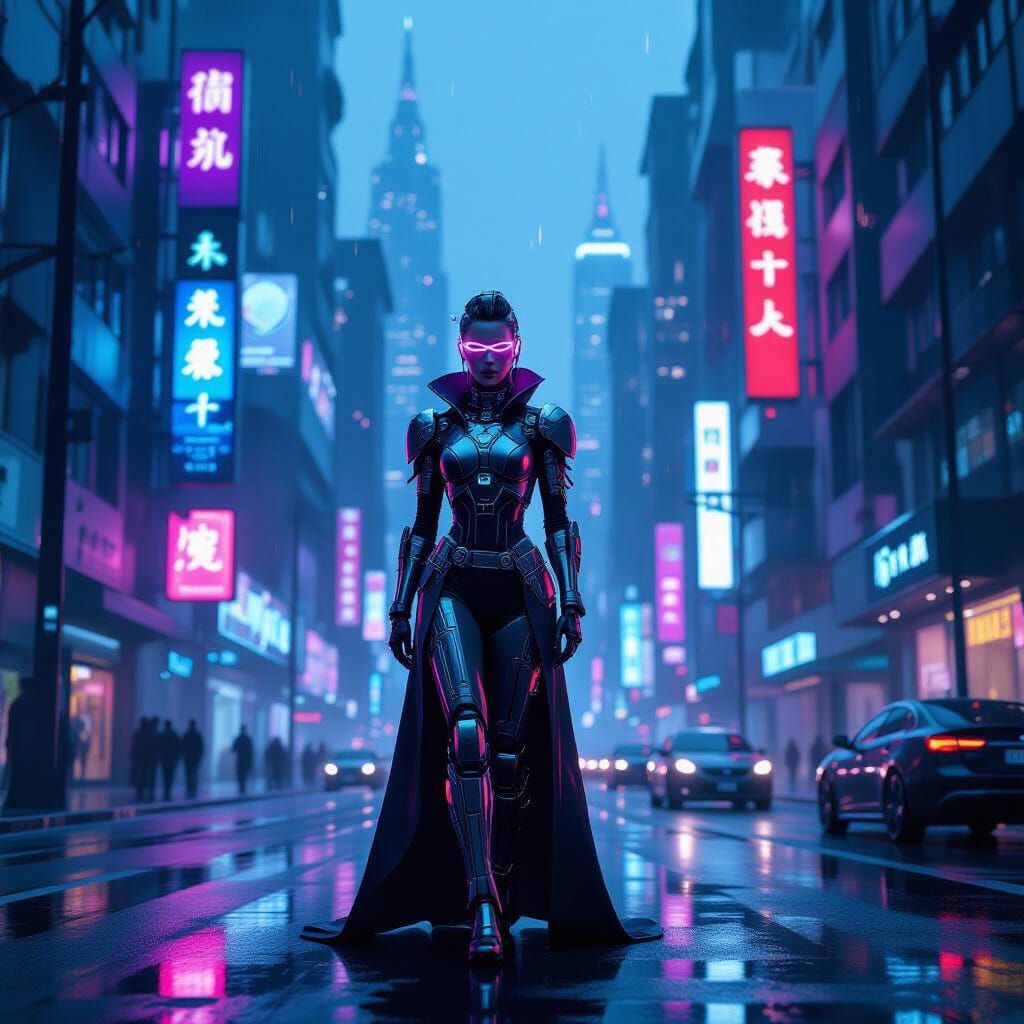 Cybernetic Woman in Neon-Lit Retro-Futuristic City