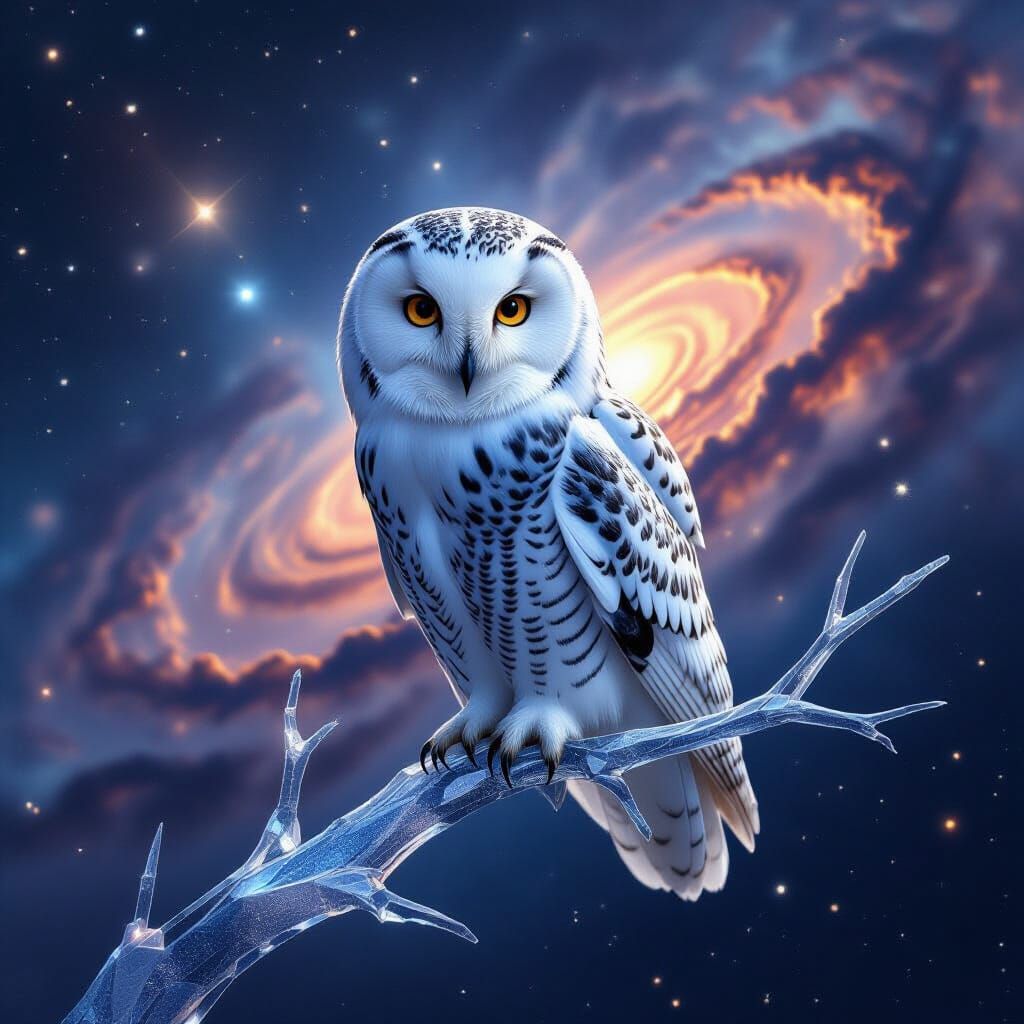 Majestic Snow Owl on Crystalline Branch in Cosmic Nebula